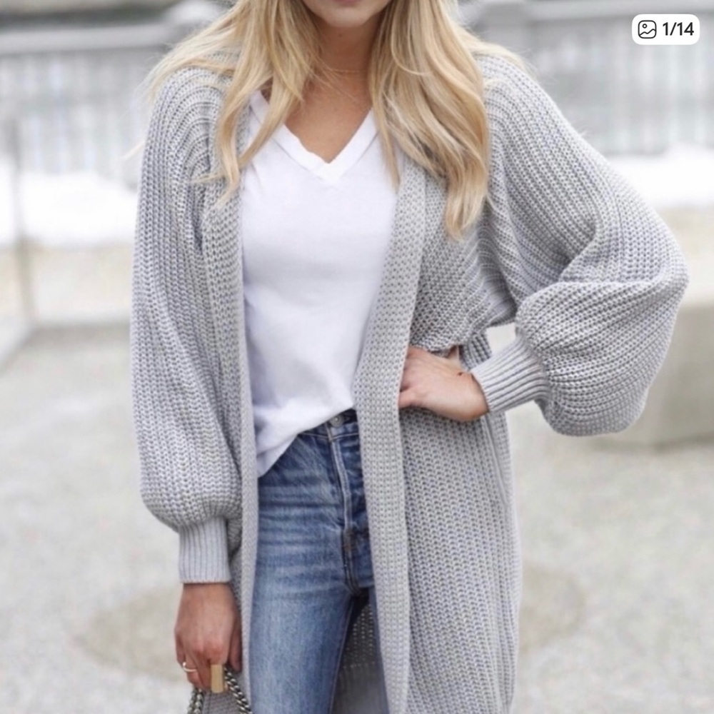 Anthropologie Knitted & Knotted Kya Long Balloon Sleeve Gray Cardigan Large